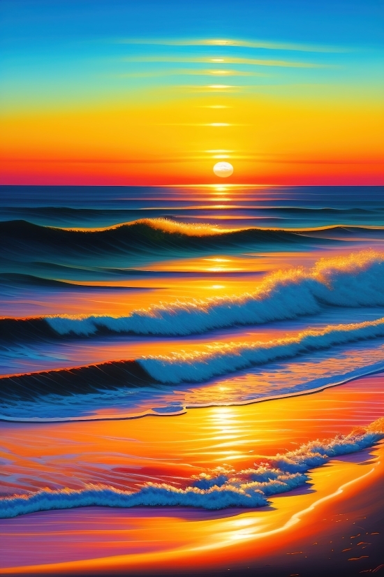 Seascape, Sunset, Sea, Ocean, Sun, Beach
