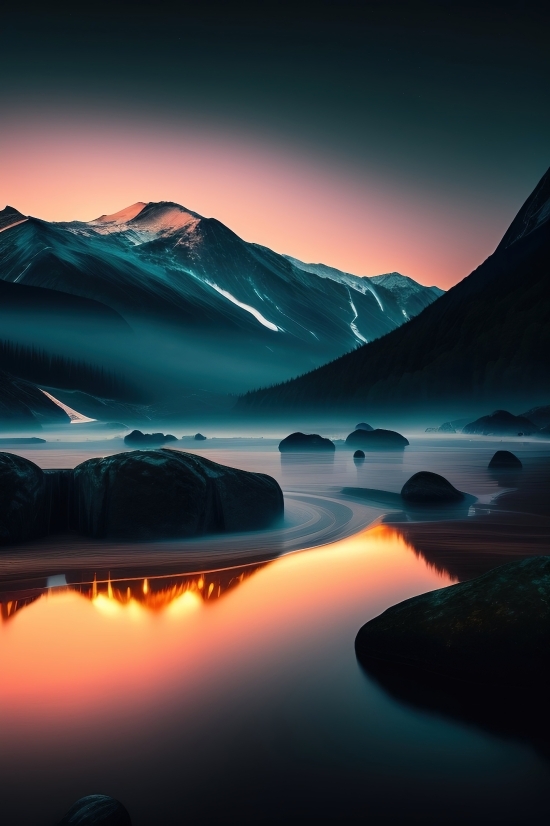 Sky, Landscape, Lake, Mountain, Sunset, Travel