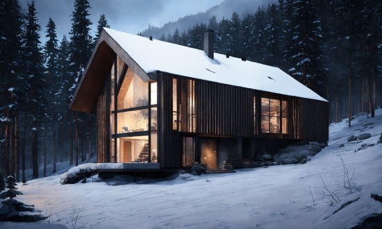 Snow, Sky, Tree, House, Window, Wood