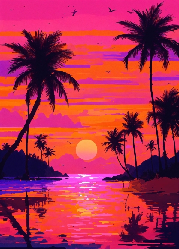 Sun, Palm, Sunset, Tropical, Tree, Beach