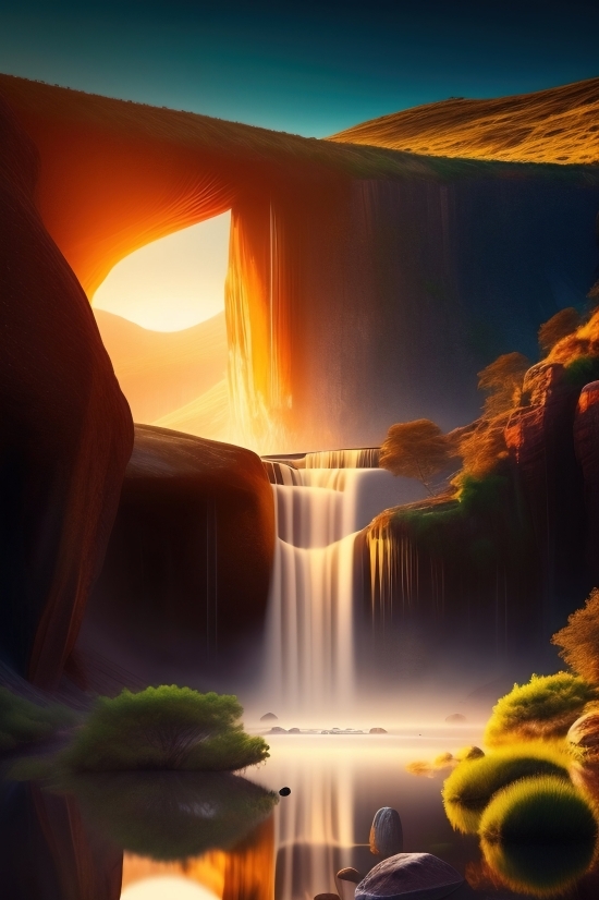 Sun, Sunset, Canyon, Water, Star, Ravine