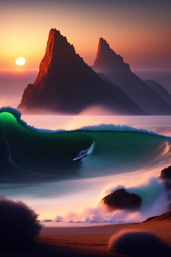 Sunset, Landscape, Sky, Sun, Lake, Mountain