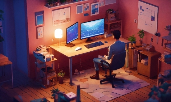 Table, Furniture, Desk, Interior, Room, Monitor