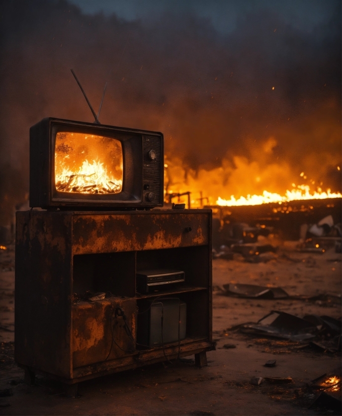 Television, Telecommunication System, Fireplace, Fire, Light, Night