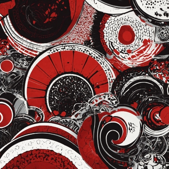 Textile, Font, Art, Red, Material Property, Circle