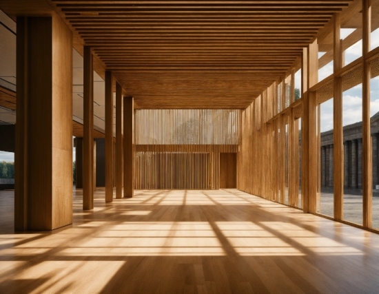 Wood, Building, Interior Design, Hall, Wood Stain, Shade