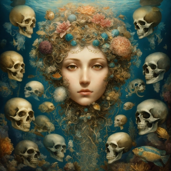 Art, Organism, Bone, Illustration, Skull, Painting