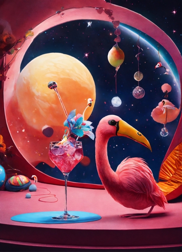 Bird, Organism, Flamingo, Beak, Art, Pink
