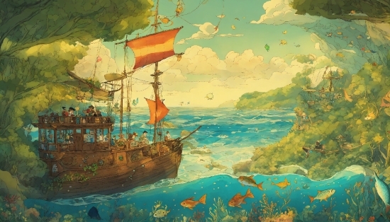 Boat, Cloud, Sky, Watercraft, Paint, Art