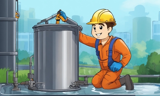 Cartoon, Hard Hat, Gas, Cylinder, Waste Container, Machine