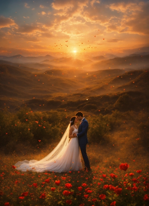 Flower, Cloud, Wedding Dress, Plant, Sky, Bride