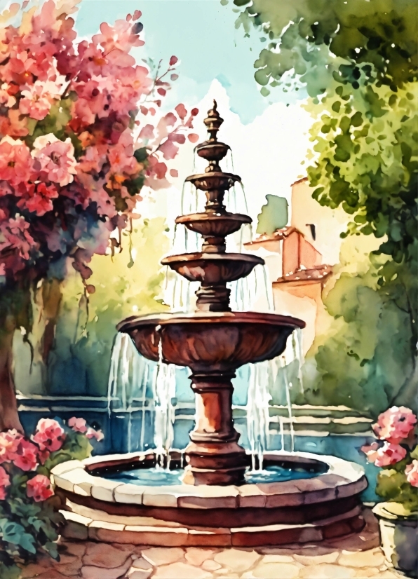 Flower, Plant, Water, Fountain, Flowerpot, Paint
