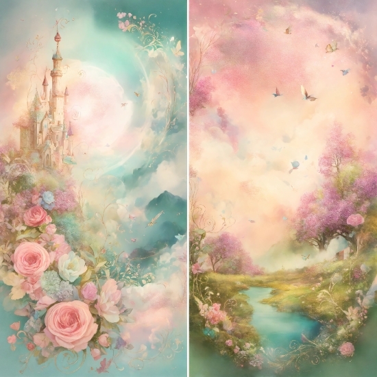 Flower, Sky, Paint, Organism, Art, Pink