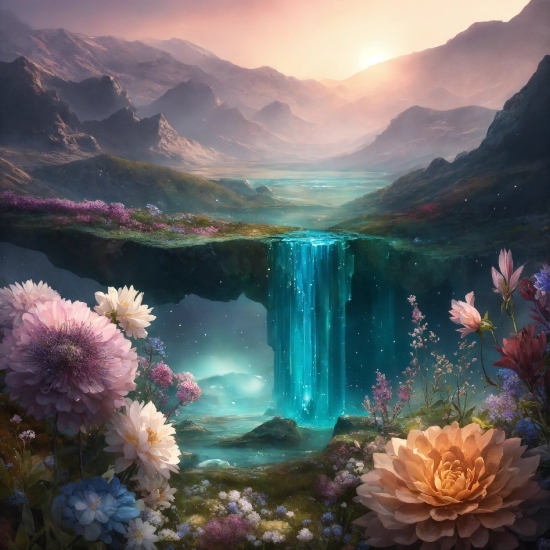 Flower, Water, Plant, Sky, Mountain, Nature