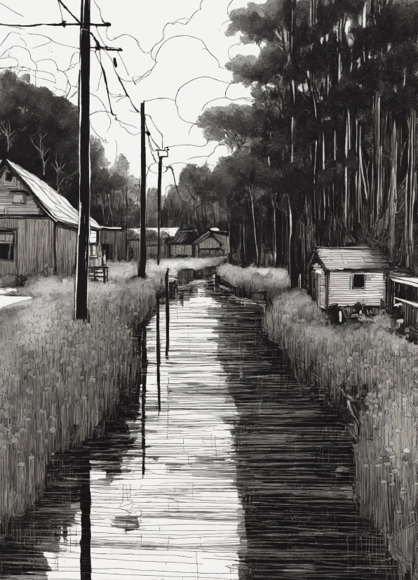 General Ai Examples, Water, Sky, Infrastructure, Road Surface, Black-and-white