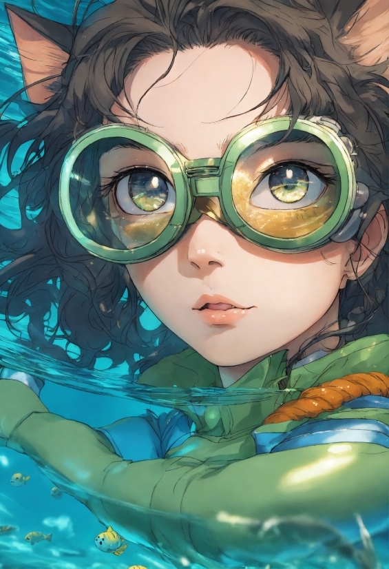 Hairstyle, Vision Care, Goggles, Green, Azure, Eyewear