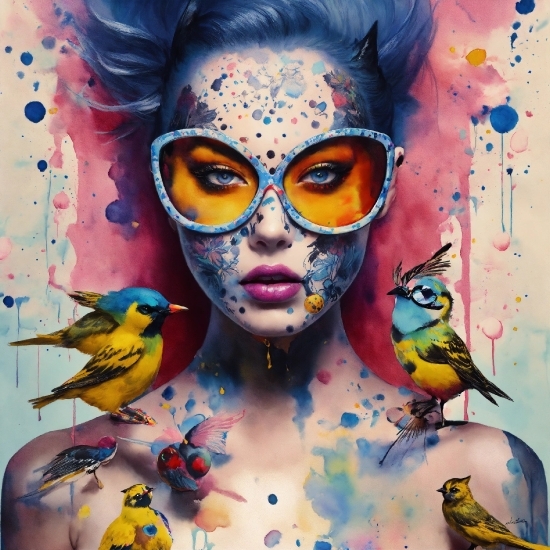 Head, Bird, Eyelash, Blue, Yellow, Paint