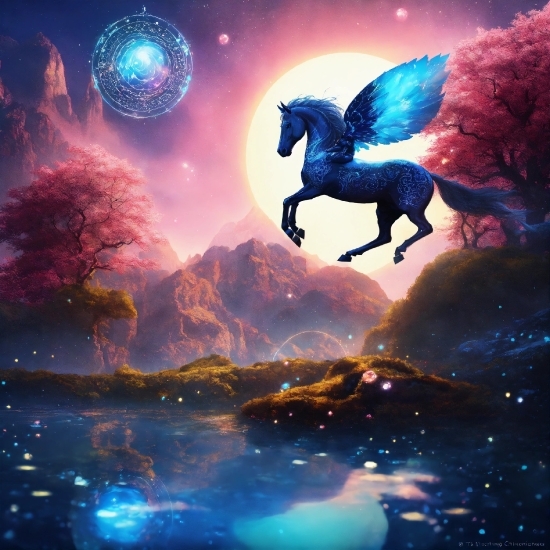 Horse, Blue, Light, World, Mythical Creature, Art