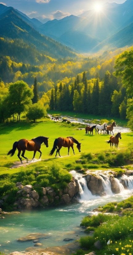 Horse, Water, Plant, Mountain, Ecoregion, Green