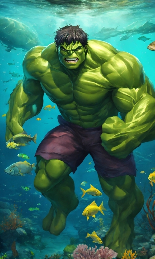 Hulk, Cartoon, Green, Organism, Bodybuilder, Painting