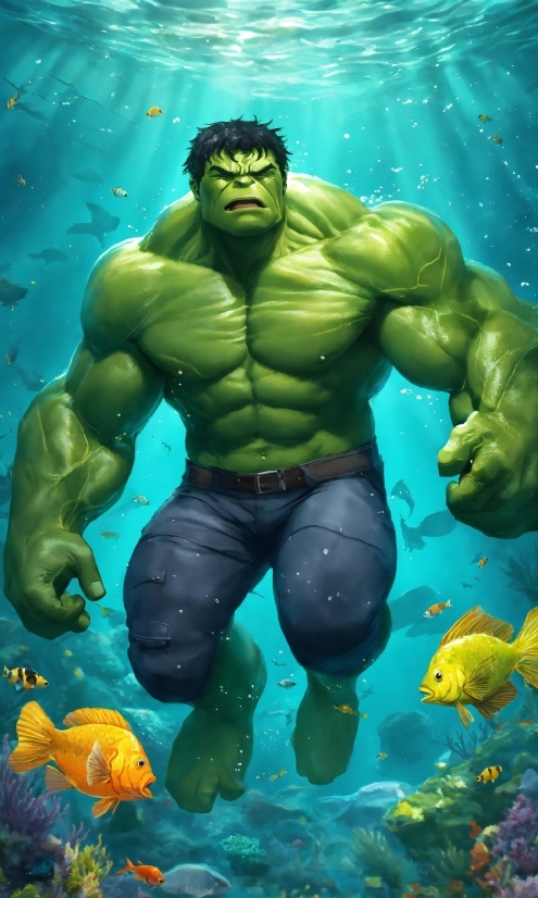 Hulk, Muscle, Green, Blue, Cartoon, Organism