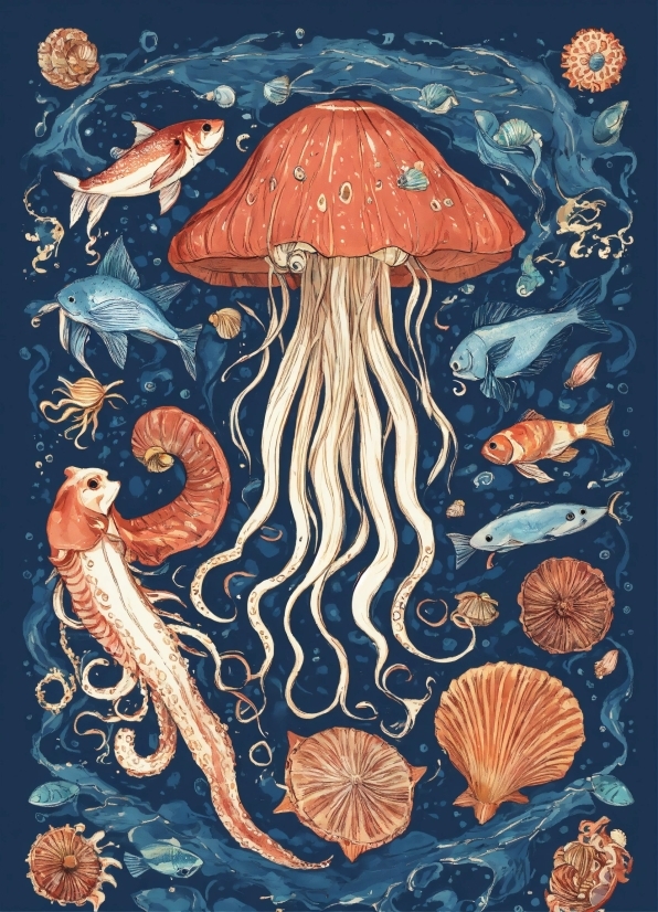 Marine Invertebrates, Azure, Organism, Mushroom, Jellyfish, Painting