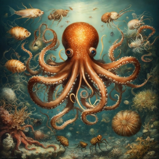 Marine Invertebrates, Cephalopod, Organism, Lighting, Art, Octopus