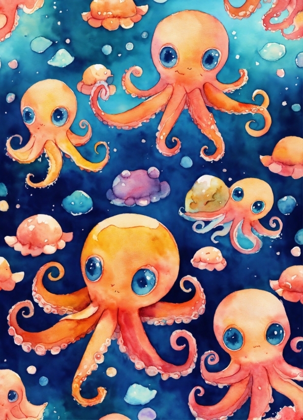 Marine Invertebrates, Light, Blue, Azure, Cartoon, Octopus