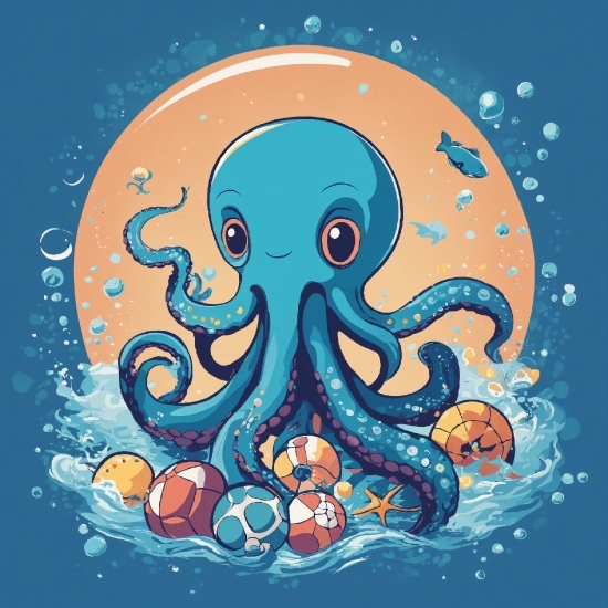 Octopus, Marine Invertebrates, Water, Azure, Cartoon, Organism