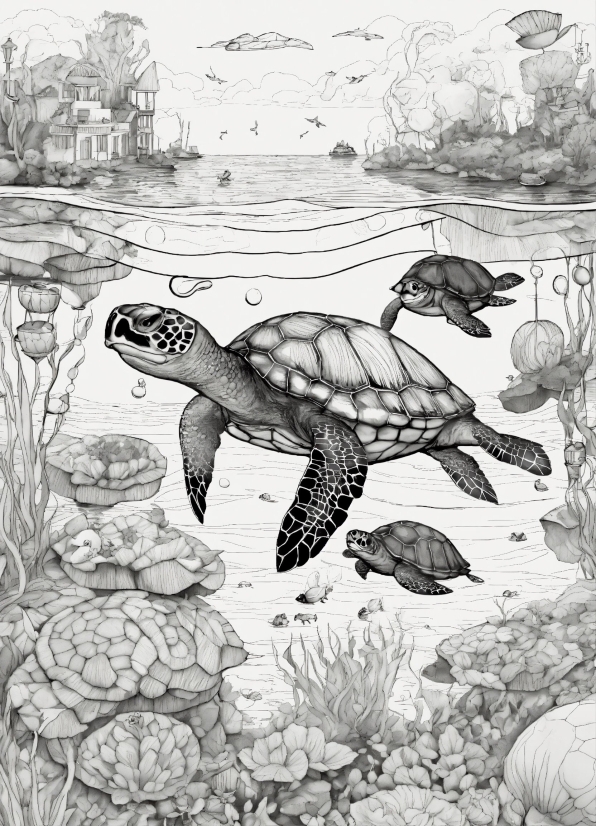 Organism, Reptile, Art, Hawksbill Sea Turtle, Adaptation, Water