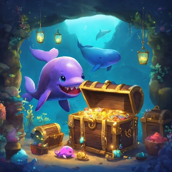Purple, Cartoon, Organism, Water, Fin, Fish