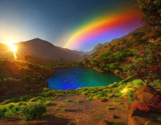 Rainbow, Water, Sky, Plant, Mountain, Ecoregion