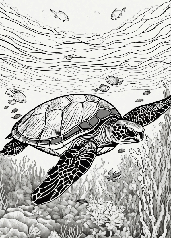 Reptile, Hawksbill Sea Turtle, Turtle, Organism, Black-and-white, Art