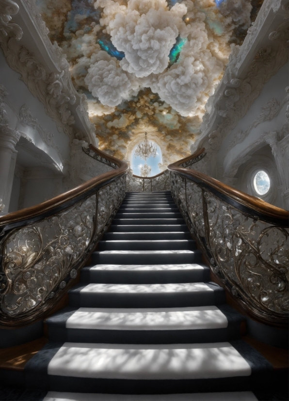 Stairs, Symmetry, Ceiling, Art, Fixture, Metal