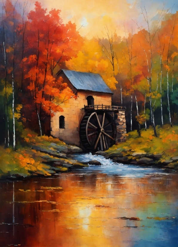 Water, Building, Sky, Paint, Natural Landscape, Gristmill