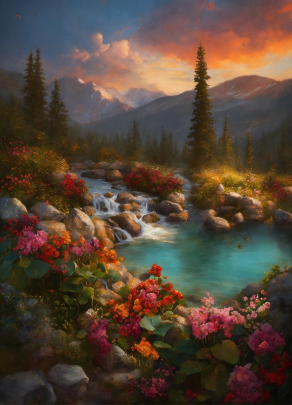 Water, Flower, Cloud, Plant, Sky, Mountain