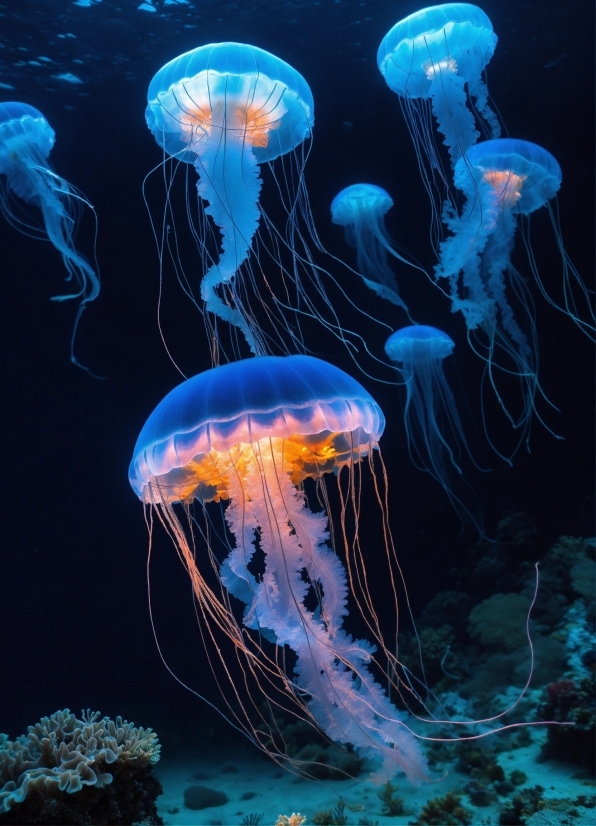 Water, Jellyfish, Marine Invertebrates, Blue, Bioluminescence, Light