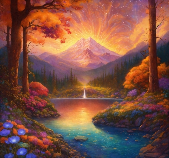 Water, Light, Natural Landscape, Mountain, Sky, Leaf