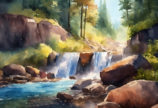 Water, Paint, Natural Environment, Natural Landscape, Tree, Painting