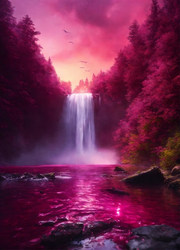 Water, Sky, Cloud, Purple, Natural Landscape, Waterfall
