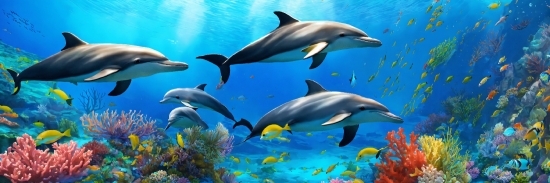 Water, Vertebrate, Blue, Green, Common Dolphins, Fin
