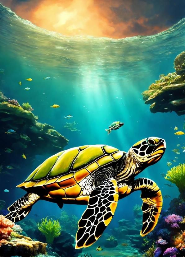 Water, Vertebrate, Hawksbill Sea Turtle, Nature, Green, Natural Environment
