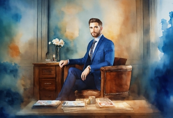 Blue, Table, Tie, Painting, Art, Formal Wear