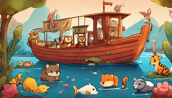 Boat, Vertebrate, Water, Cartoon, Mammal, Watercraft