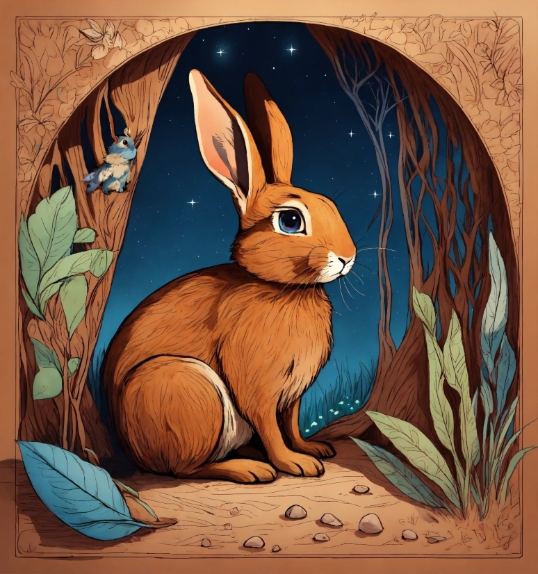 Brown, Rabbit, Cartoon, Organism, Mammal, Painting