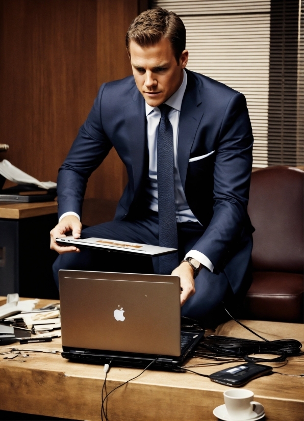 Event Brochure, Computer, Laptop, Personal Computer, Table, Dress Shirt