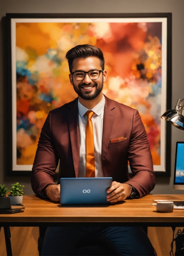 Glasses, Smile, Table, Computer, Picture Frame, Laptop