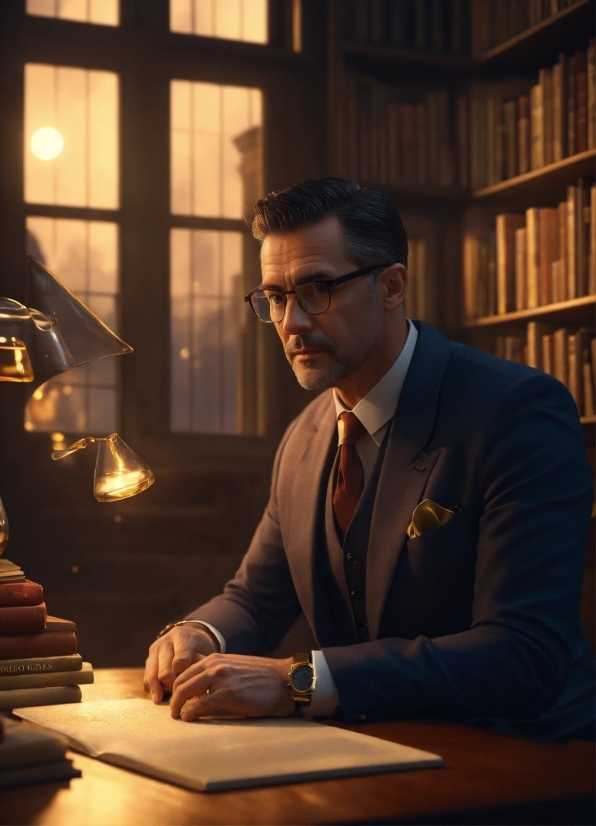 Glasses, Tie, Vision Care, Table, Lighting, Bookcase