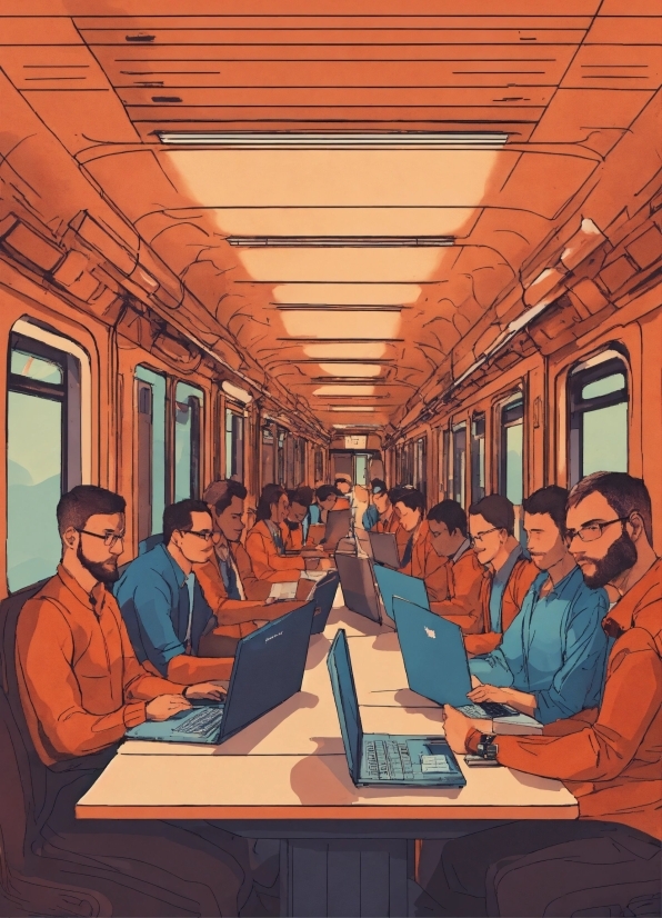 Laptop, Train, Computer, Personal Computer, Orange, Table