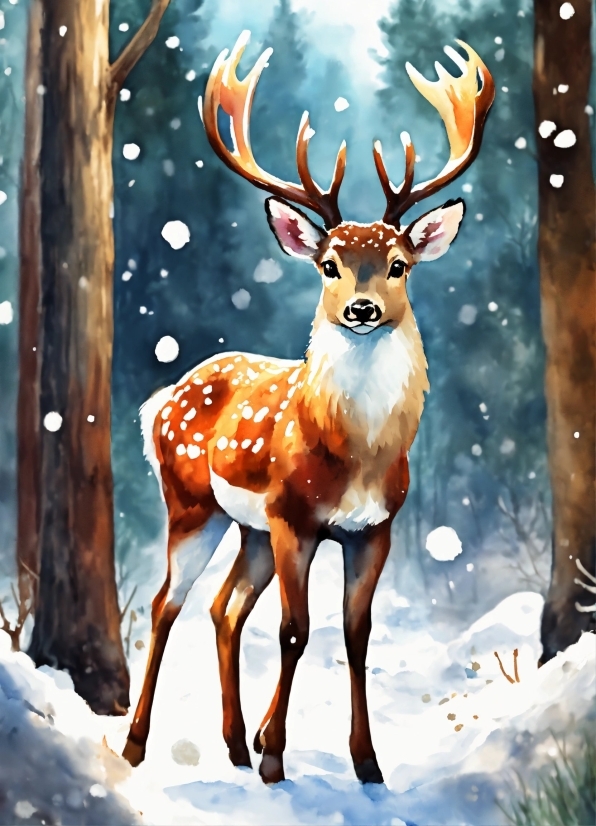Light, Deer, Elk, Organism, Snow, Fawn